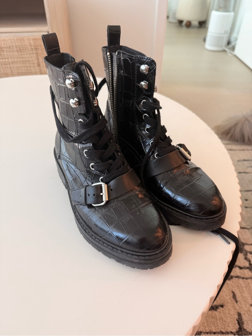 AllSaints Black Croc-Embossed Buckle Combat Boots